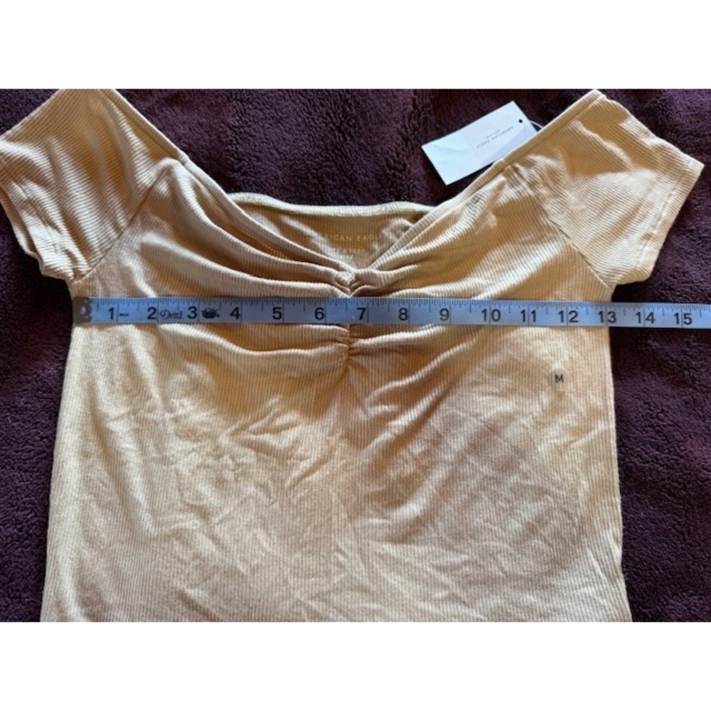 Y2K American Eagle Yellow Ruched Shirt MED Capsule Ribbed Crop Bella‎ Swan Elena - Picture 7 of 9
